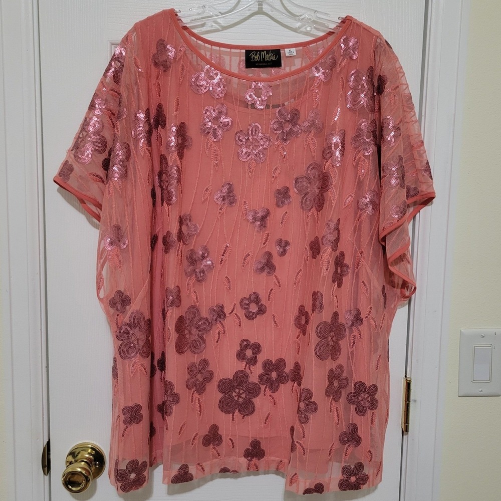 Bob Mackie Wearable Art Coral Pink Sequin Floral Mesh Overlay & Tank Set XL NEW